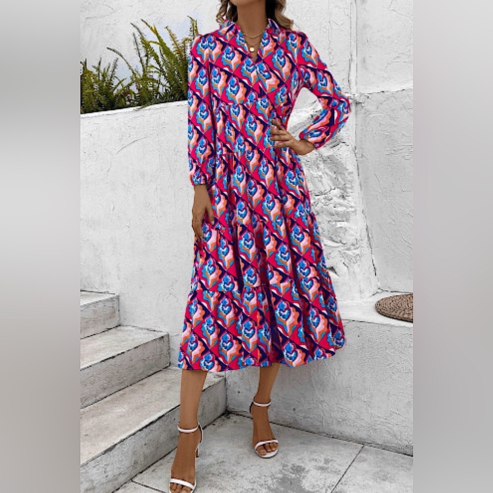 NEW Abstract Geometric Print Long Sleeve High Waist Tiered Ruffle Dress